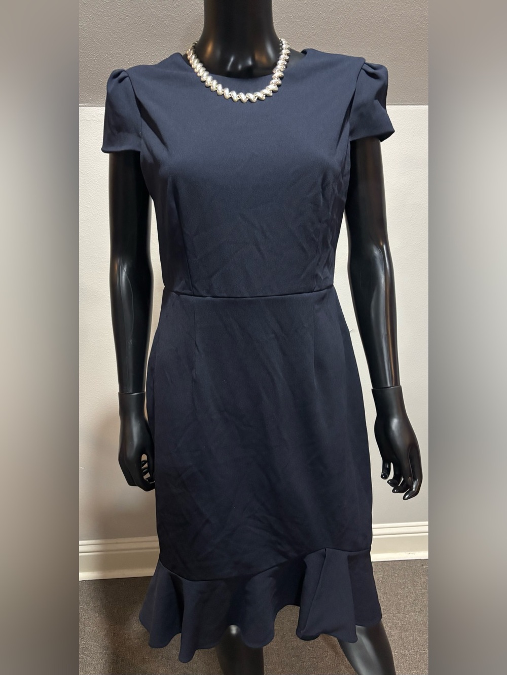 Betsey Johnson Crepe Dress with Ruffled Hem NAVY SIZE 10 Puff-Sleeve